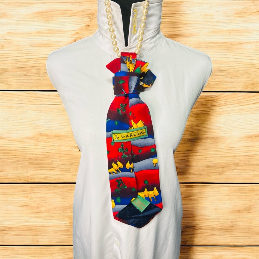 J. Garcia Multicolor Christmas Necktie with Reindeer Brooch - Picture 3 of 3